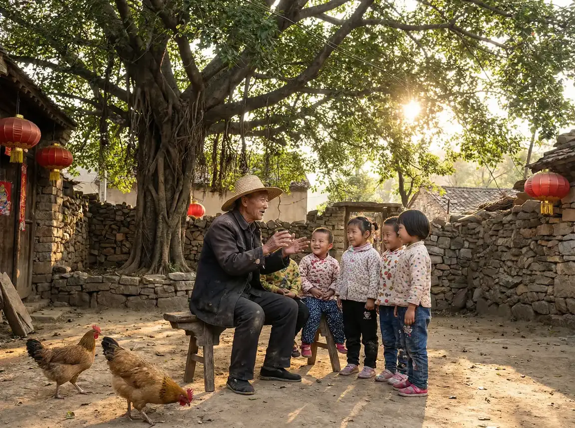 老人在大榕树下给孩子们讲故事 - 调教打屁股 乡村记忆